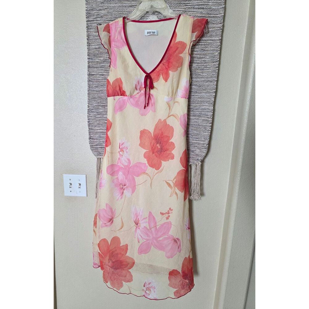 Y2K vintage Floral Dress Size 13 Pink Coral Sheer Overlay Ruffle Sleeve